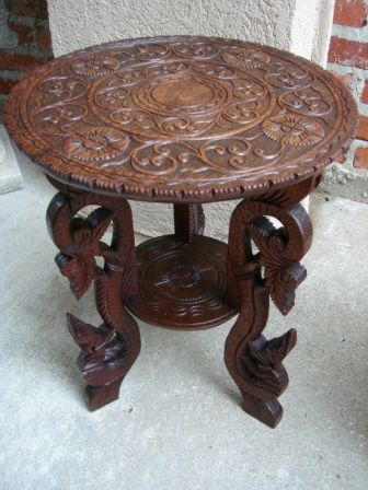   Antique English Carved Wood Ornate Asian End Lamp Table 1of 2 avail
