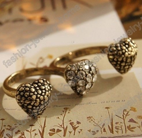   Retro Three Heart Clear Crystal Two Finger Ring Retro Style  