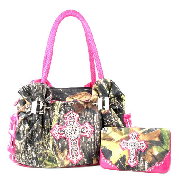 Western Pink Camouflage Cross Purse Handbag w Wallet  