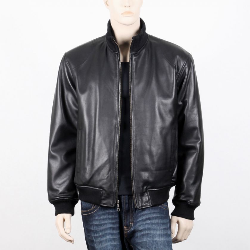 MENS CASUAL ZIP UP KNIT COLLAR BLACK LEATHER JACKET  