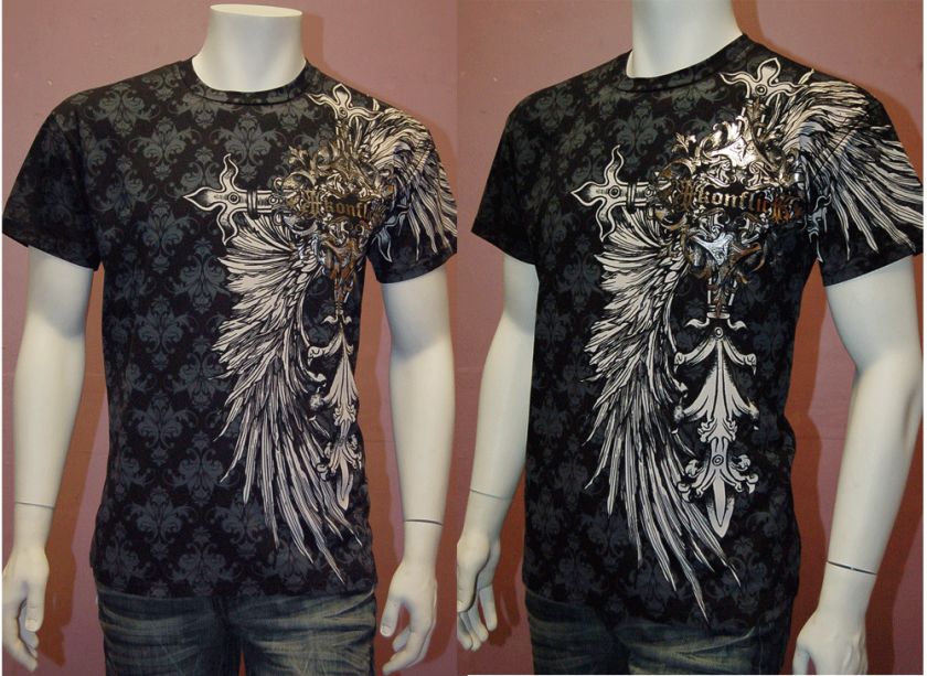 New Black MENS T Shirt Gothic Design with Wings & Siver Glitter Black 