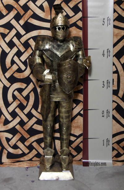 Foot Gold Suit of Armor Medieval Knight in Short Sword & Shield 