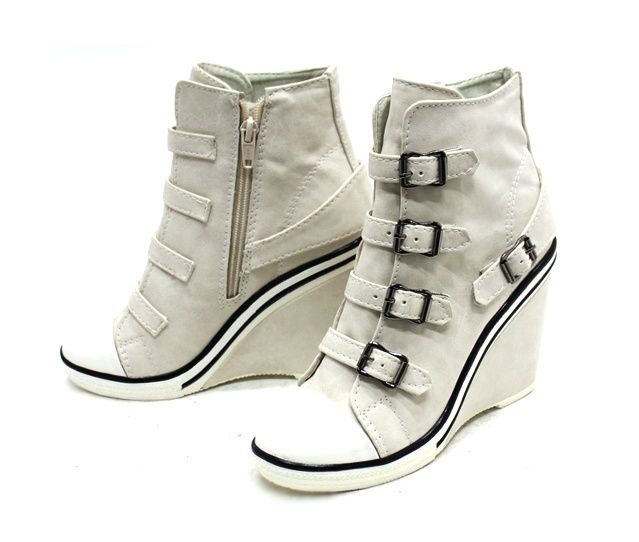 Women Wedge High Heels Sneakers Tennis Shoes Ankle Boots Ivory US 5.5 