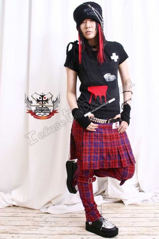 JAPAN MALE Punk 4 ZIP Plaid Skinny Pants+KILT+Knee Belt  