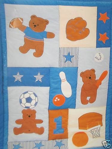 Blue Baby Boy Sporty Bear Crib Quilt Blanket Throw   NEW   FREE 