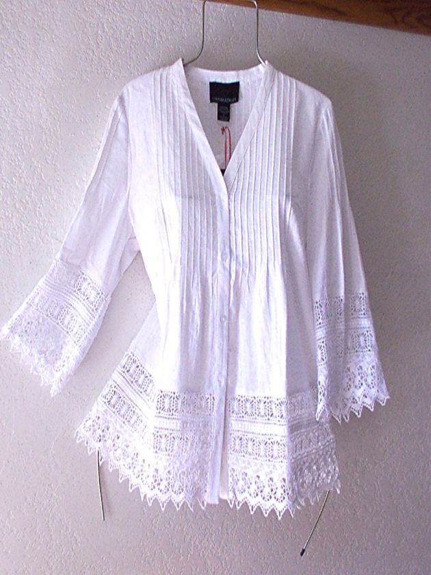 NEW~White Crochet Vintage Lace Linen Peasant Blouse Boho Shirt Top~12 