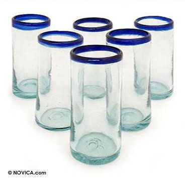 Mexican Hand Blown Drinking Glasses Set of 6 ~ Blue Rim  