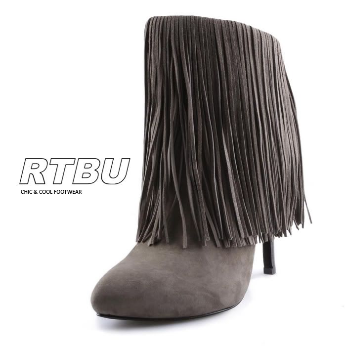 Genuine Suede Fringe Ankle Stiletto Boot Black Booties  