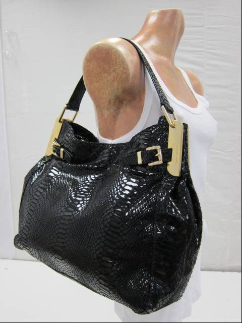 NEW Michael Kors Kingston Black Python Embossed Leather Shoulder Bag 
