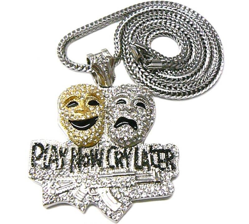 Iced Out Play Now Cry Later Pendant Franco Chain Silver  