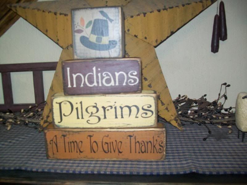 PRIMITIVE FALL BLOCK SIGN~INDIANS~PILGRIMS~GIVE THANKS~  