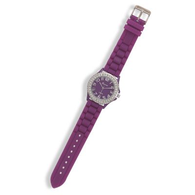 Purple Rubber Round Face Silver Tone Crystal Watch  